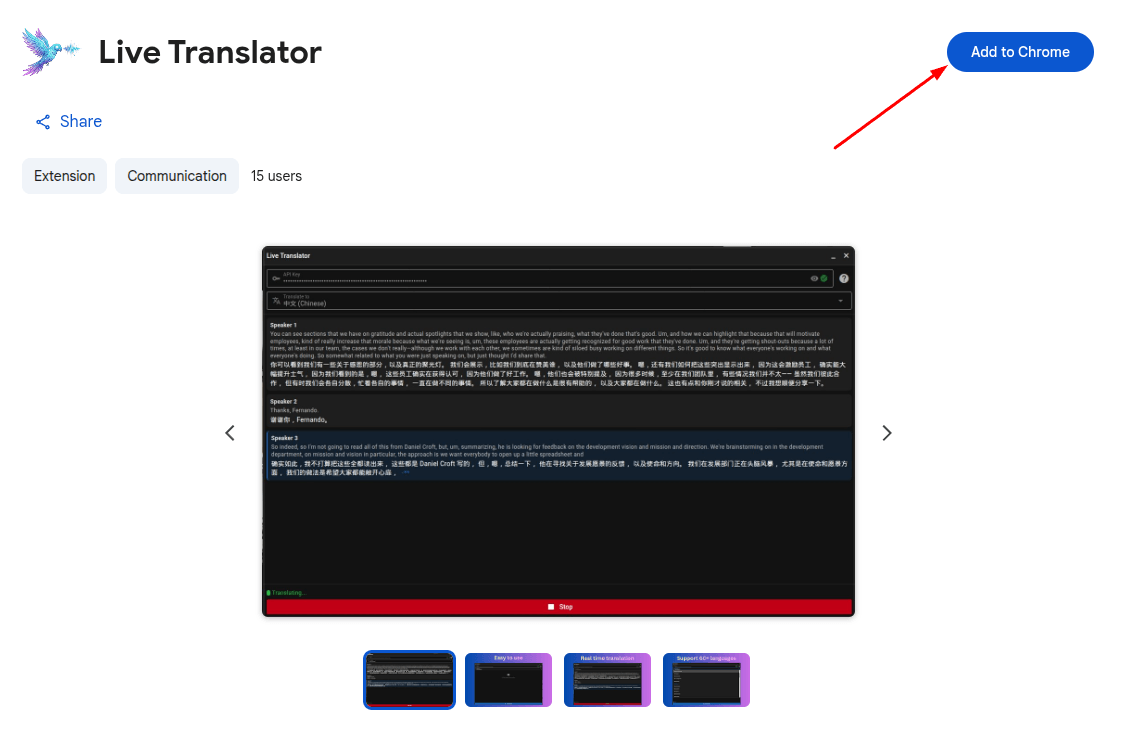 Install Live Translator from Chrome Web Store