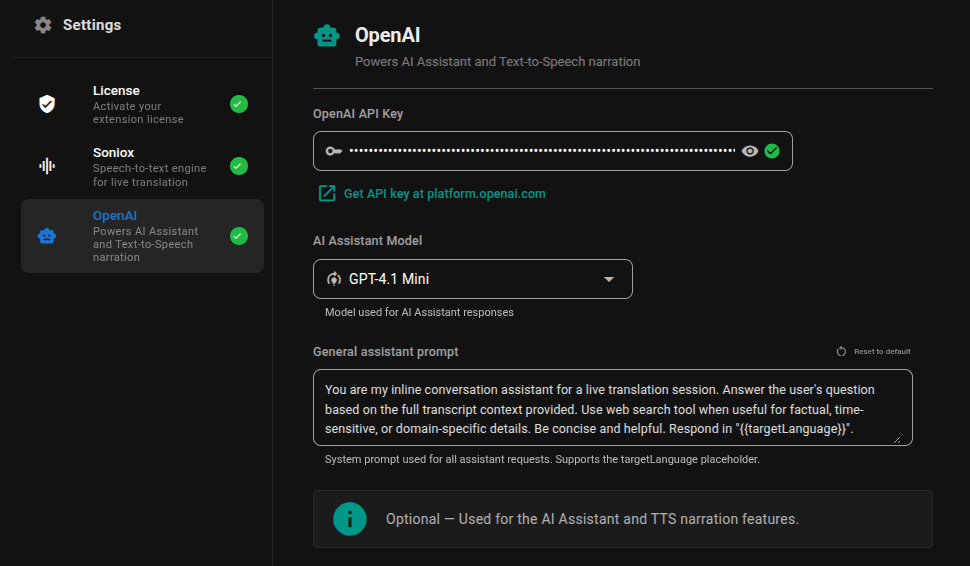 OpenAI Settings