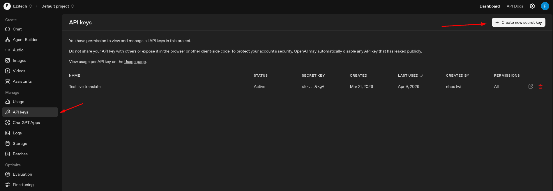 Create OpenAI API Key